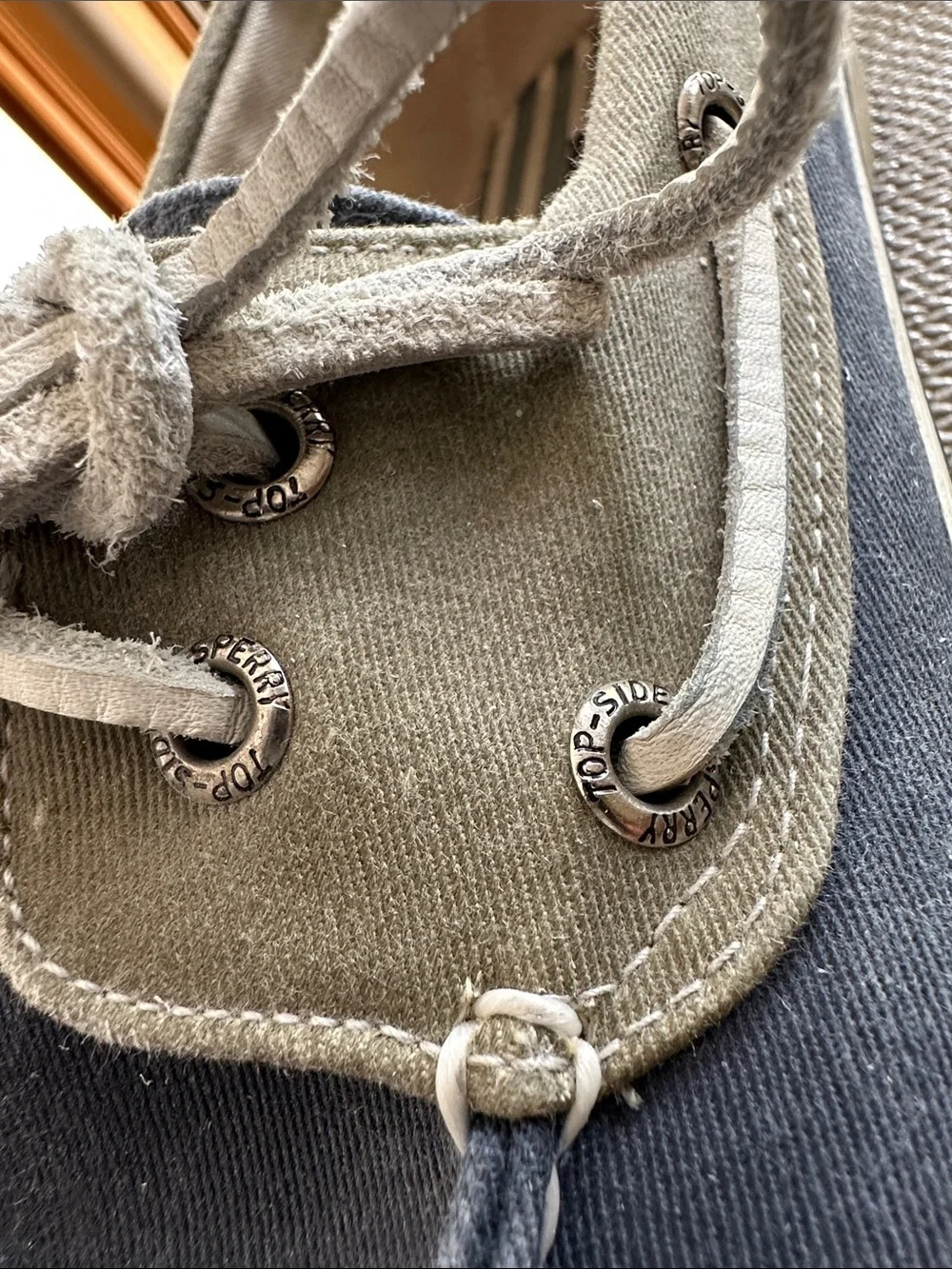Sperry Two-Tone Canvas Boat Shoes in Navy and olive green